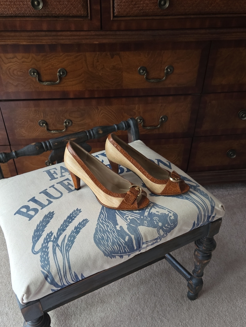 Stuart Weitzman Brown & Cream Croc-Trim Peep-Toe Pumps